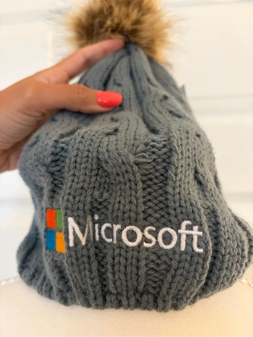 Microsoft Gray Cable Knit Beanie with Faux Fur Pom and Embroidered Logo
